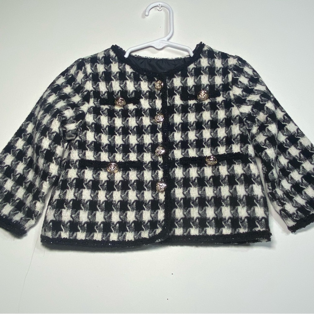 Girls Houndstooth Jacket 3Y Black & White  Designer Boucle Blazer Style Classic
